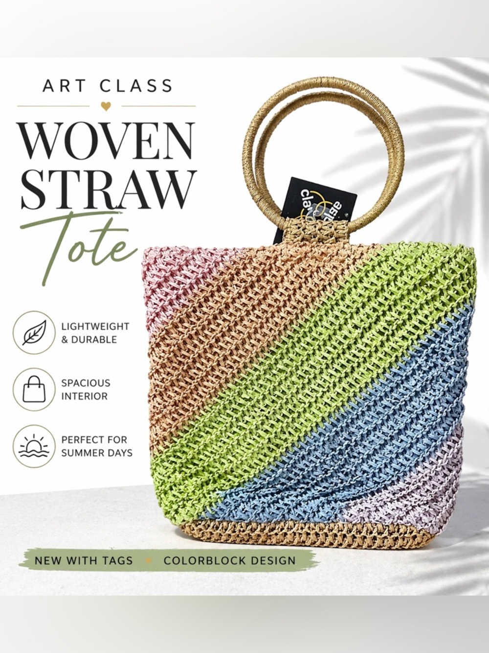 art class Multicolor Woven Straw Tote with Round Handles